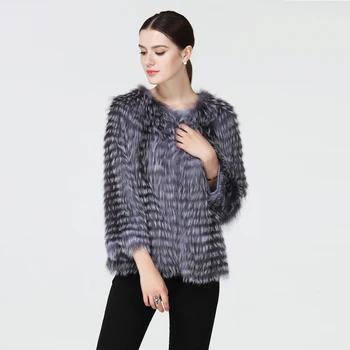 Huanhou queen silver fur fox coat women short,fashion and slim real fur jacket and coat  O-Neck nine quarter.