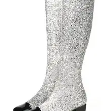 Лидер продаж; сезон весна; женские модные черные, серебристые, с блестками, с квадратным носком; черные кожаные сапоги до колена на среднем каблуке; женские рыцарские сапоги