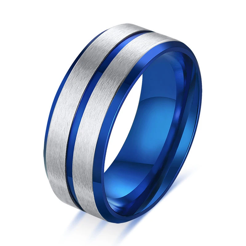 8MM Blue Stainless Steel Brushed Male Rings Fashion