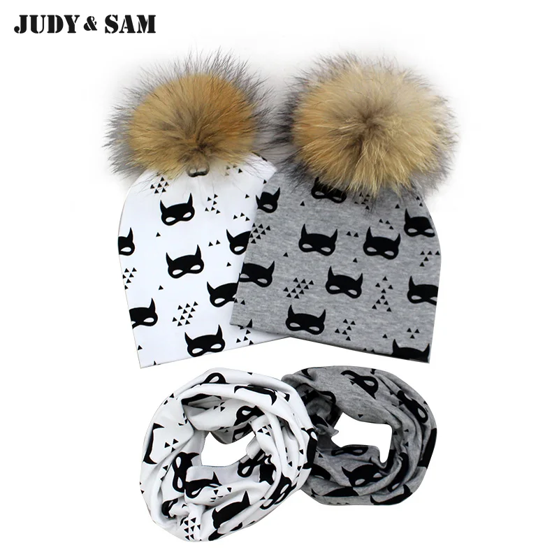 Spring 2017 Kids Spring Cap With Scarf Set 2pcs In Set Animals Prints Raccoon Fur Pompom