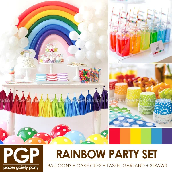 

[PGP] Rainbow Party Set, Balloon Cake cups Tassel garland Straws,for Unicorn Easter Girls Kids birthday Spring Decoration