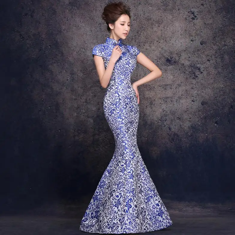 New Style Long Cheongsam Qipao Dresses Vintage Blue Mermaid China New Style Long Cheongsam Qipao Dresses Vintage Blue Mermaid China Tradition Oriental Dress Y Gown Evening In Cheongsams From Novelty