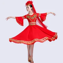 Xinjiang Uyghur танцевальная одежда взрослый этнический костюм для индийских танцев Расклешенная юбка Китайский народный танец r красный сценический костюм