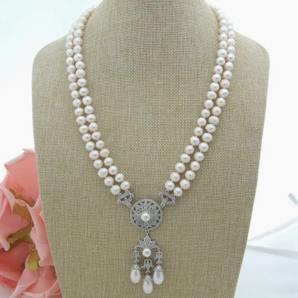 

H061703 23" 2 Strands White Pearl Necklace CZ Pendant