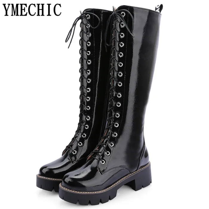 Женские сапоги на толстом каблуке YMECHIC черные красные белые мотоциклетные до