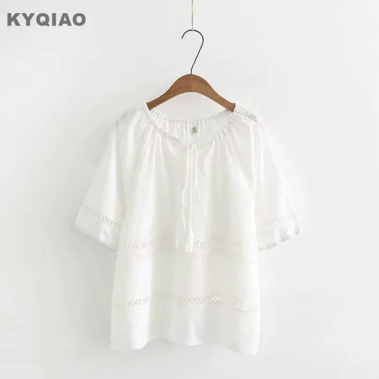 

KYQIAO women white shirt 2019 mori girls autumn spring Japan style bohemian ethnic v neck short sleeve white hollow blouse