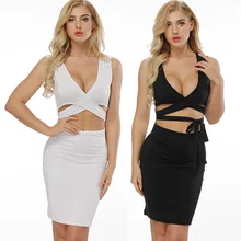 

Black White Sleeveless Elastic Cotton Party Dresses Vestidos Sexy Mini Pencil Sheath Club Bodycon Bandage Dress