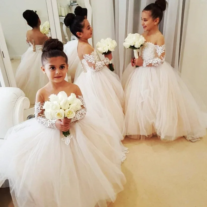 

Flower Girls Dresses Lace Applique Long Sleeve Little Girls Tulle Fluffy Dress For Kids Evening First Holy Communion Party Dress