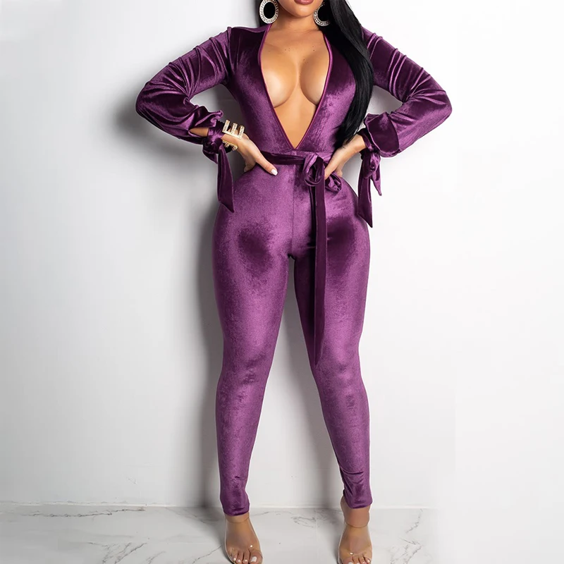 

Sexy Bodycon Bandage Jumpsuit Women Backless Deep V Neck Autumn Winter Rompers Overalls Elegant Party Bodysuits Playsuits