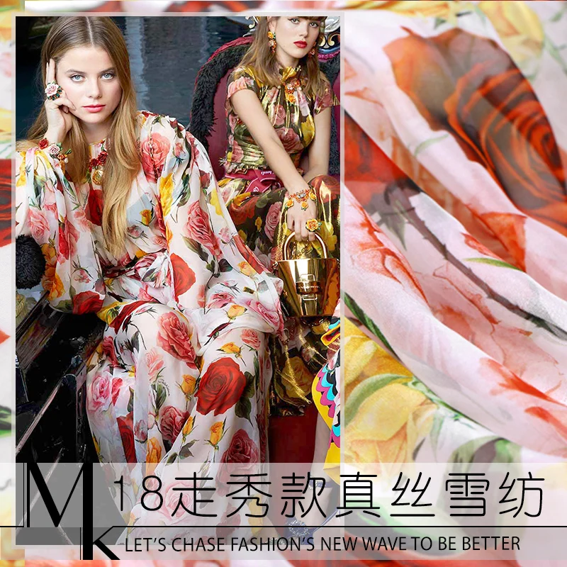 

Rose digital printed silk chiffon fabric soft transparent tulle fabric thin beach dress pure silk fabric wholesale silk cloth