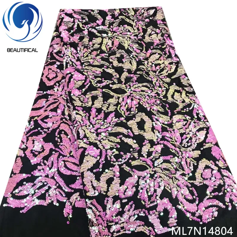 

Beautifical African lace fabrics Wool fabric sequins embroidery lace fabric 5yards 2019 New net lace french fabric ML7N148