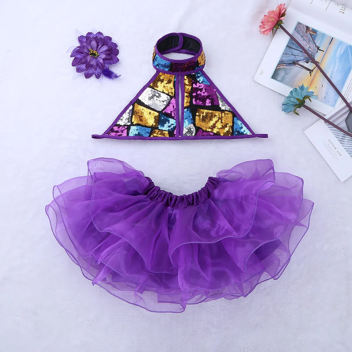 Балетное платье для девочек костюм для джазовых танцев детский Блестящий короткий топ с блестками и платье-пачка комплект с зажимом для волос для сцены