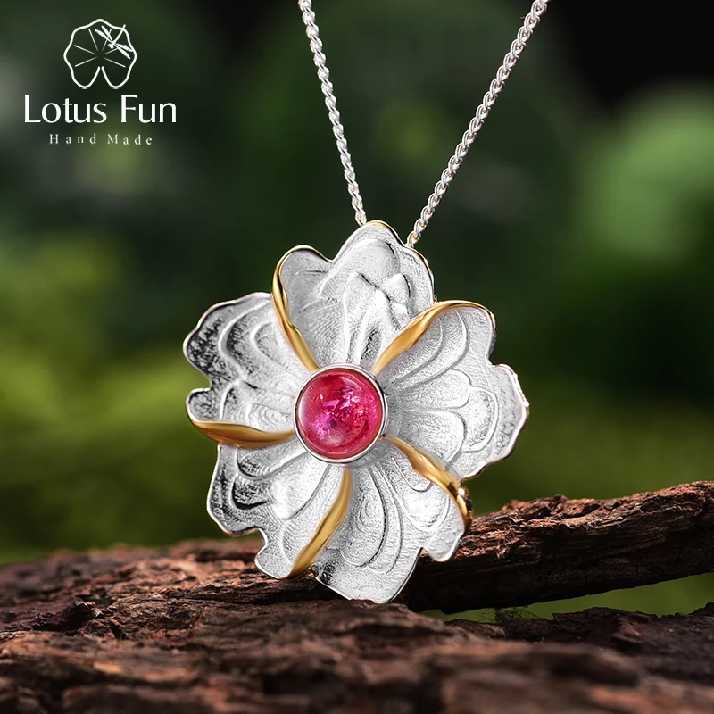 

Lotus Fun Genuine 925 Sterling Silver Pendants for Women Natural Round Tourmaline Stone Flower Pendants without Necklace Gifts