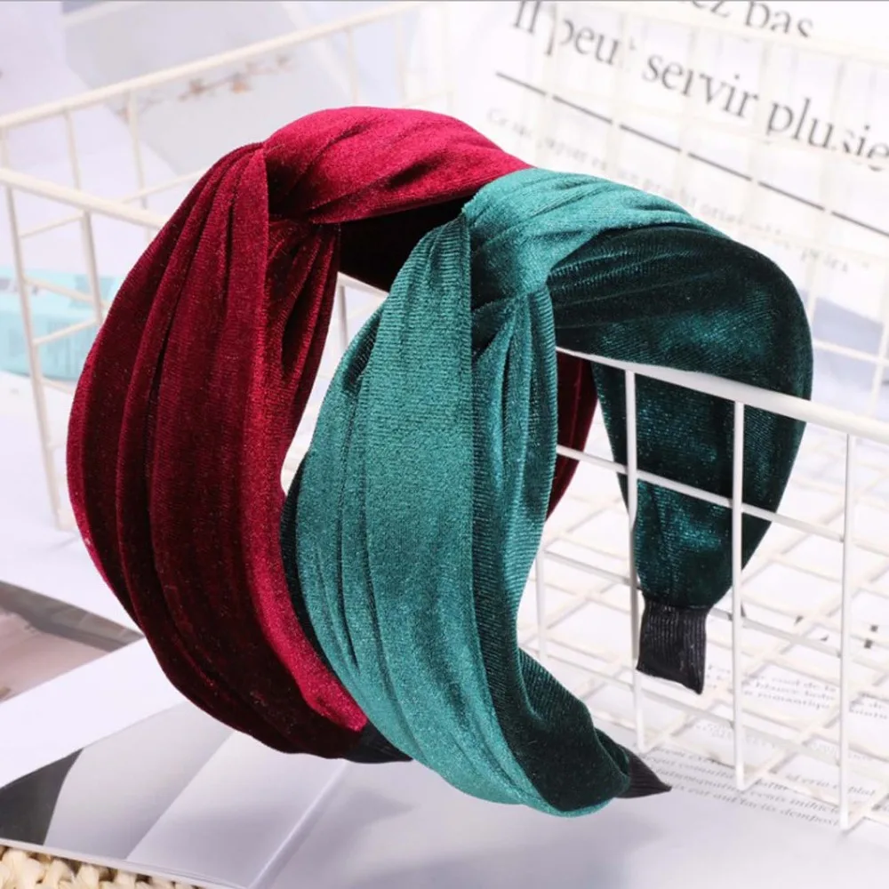 

Fashion New Hair Accessories Women's Hairband Pleuche Cloth Vintage Solid Wide Side Hair Band High Quality Knot Headband Turban