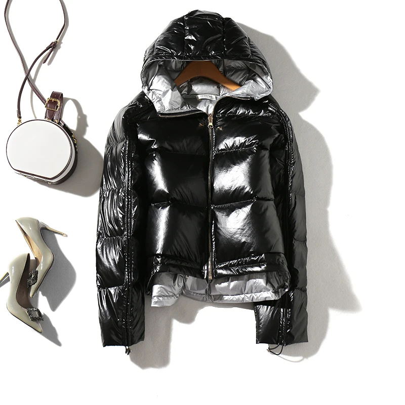 

Women Double Sided Silver Down Parkas Coats Winter Lady Hooded White Duck Down Jacket Waterproof Snow Outerwear