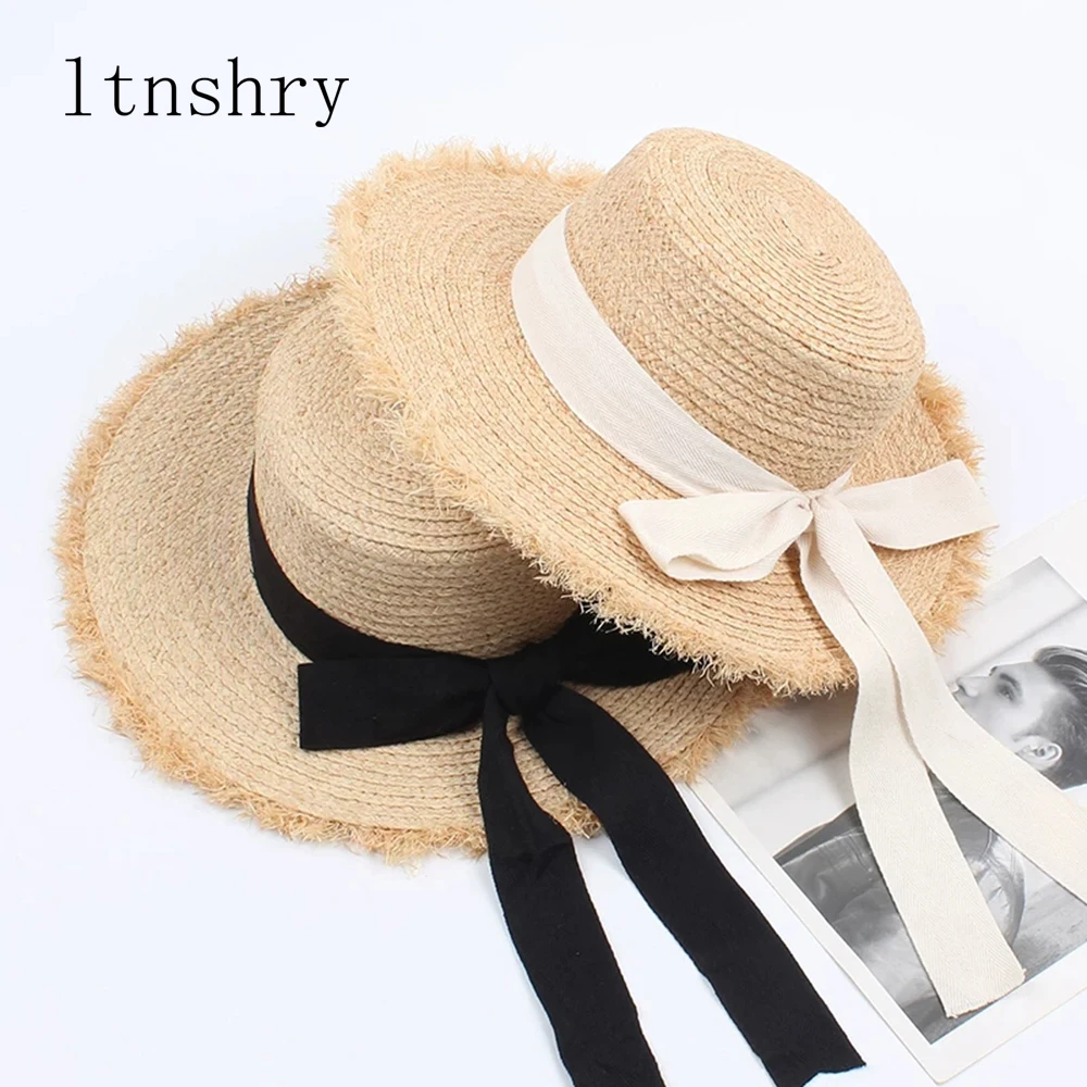 Ymsaid New Summer Sun Hats Women Fashion Girl Straw Hats Ribbon Bow Beach  Hat Casual Straw Flat Top Panama Hat Bone Feminino