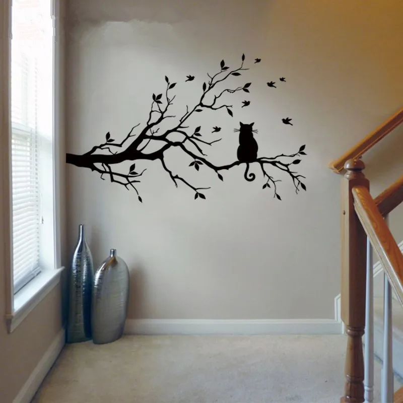 Cat On Tree Branch Birds Vinyl Wall Sticker Wall Art Decorative Stickers,Glass Window Sticker Kitchen Wall Stickers Home Decor