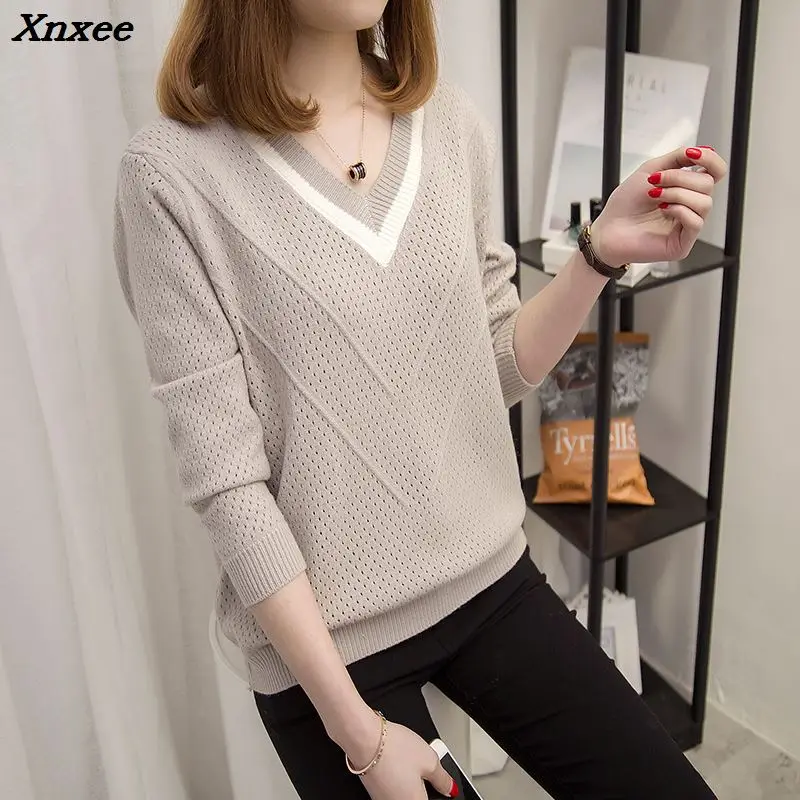 Women sweaters and pullovers 2018 Spring Autumn Korean hollow sweaters womens loose knitted sweater female v-neck pullover tops Women sweaters and pullovers 2018 Spring Autumn Korean hollow sweaters womens loose knitted sweater female v-neck pullover tops