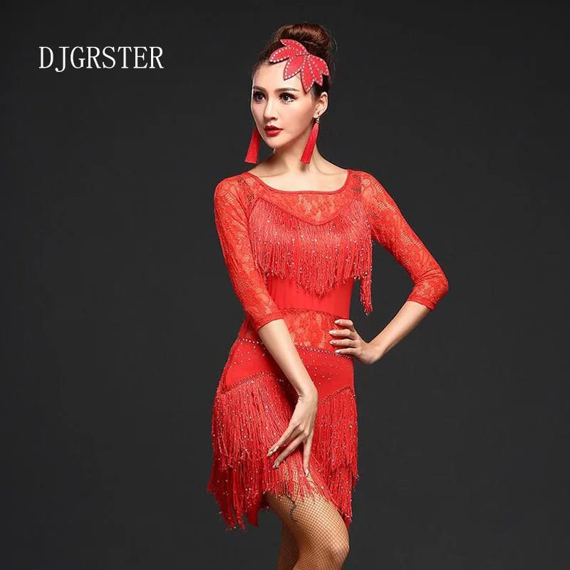 DJGRSTER Latin Dance Dresses Suits Women Girls Sexy Fringes Long Skirt Ballroom Tango Rumba Latin Dresses