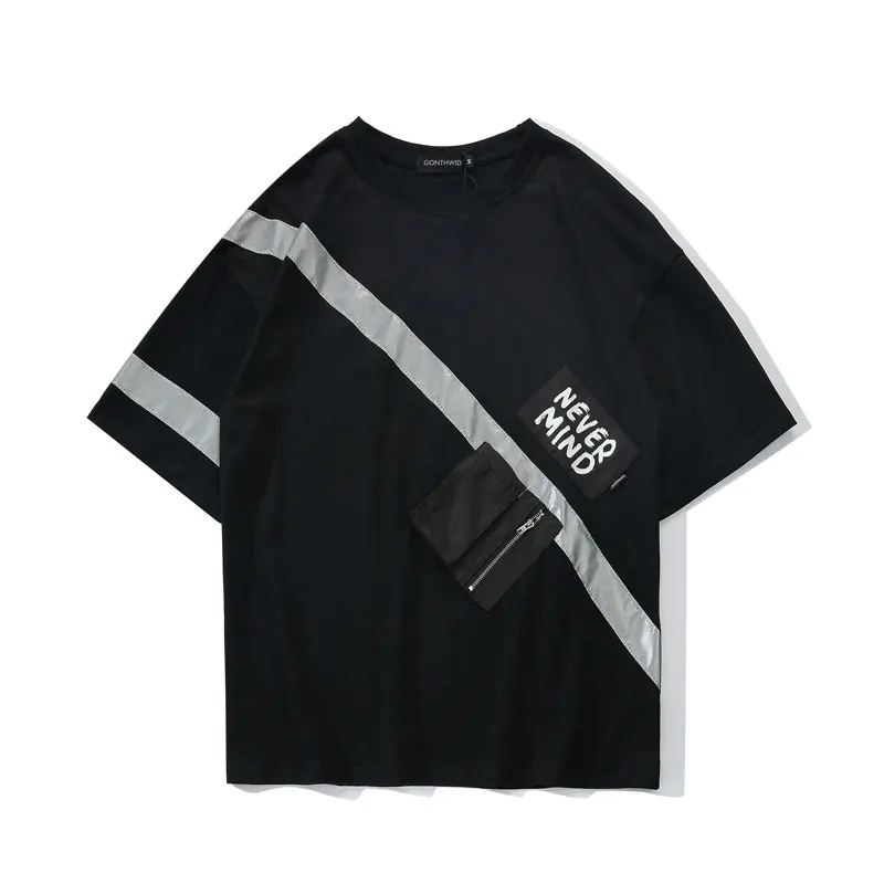 GONTHWID 3 м светоотражающие полосы передний карман на молнии Футболки Уличная мужская хип хоп Повседневная в стиле Свэг с коротким рукавом футболки топы мужские - Цвет: Black