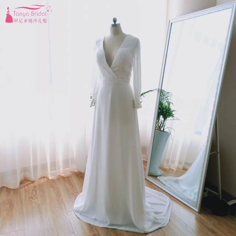 Белое шифоновое пляжное свадебное платье трапециевидной формы с длинными рукавами, v-образным вырезом, открытой спиной, бохо, садовое платье невесты, свадебное JQ596