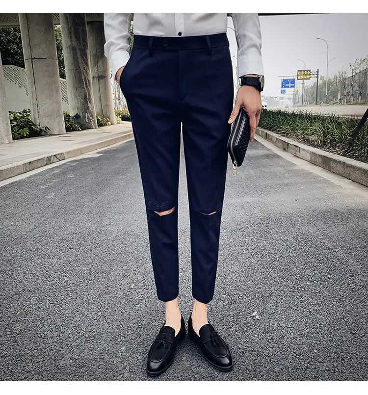 Мужские брюки с дырками и вышивкой в повседневном стиле, мужские облегающие брюки длиной до середины икры, мужские модные корейские брюки, Мужская брендовая одежда