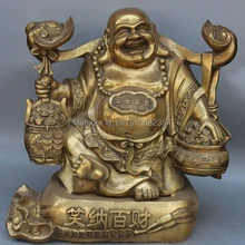 2" Бронзовый счастливый смех Maitreya Будда богатство деньги мешок Statue Jubao ручка статуя