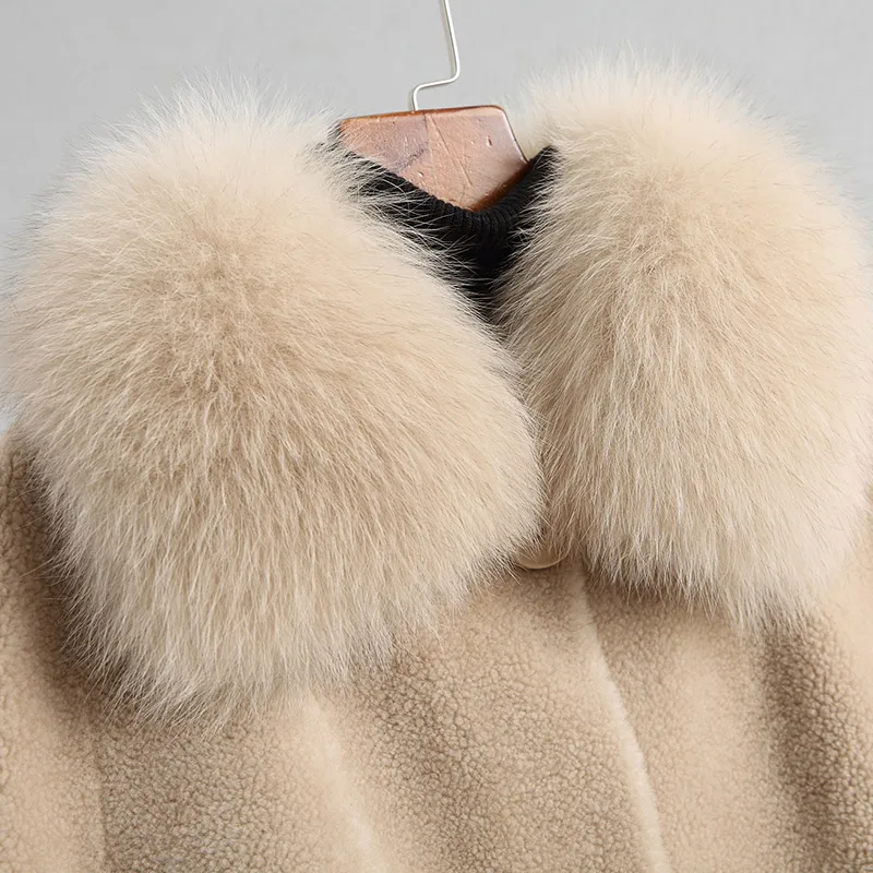 Женское пальто для стрижки овец, плотное теплое пальто из настоящей шерсти, женское длинное теплое пальто, новая зимняя куртка, Воротник из натурального Лисьего меха, верхняя одежда
