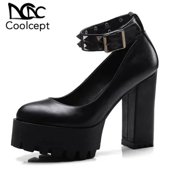 

Coolcept Size 32-42 Sexy Women Pumps High Heels Platform Rivets Thick Heels High Heel Pumps Ankle Strap Buckle Shoes Women