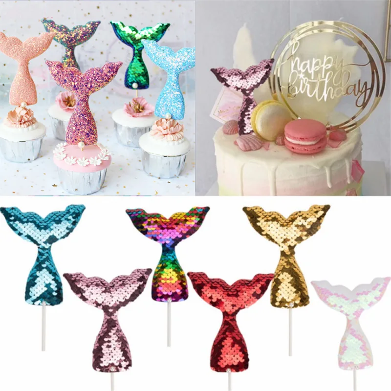 

3Pcs Mermaid Tail Cake Topper Sequins Gold Pink Blue Baby Shower Birthday Party Girls Cupcake Decoration Wedding Supplies CP990