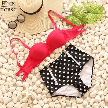 

TCBSG Plus Size Swimwear Women High Waist Swimsuit 2019 Print Colorful Vintage Retro Underwire Large Push Up Bikini Set Summer