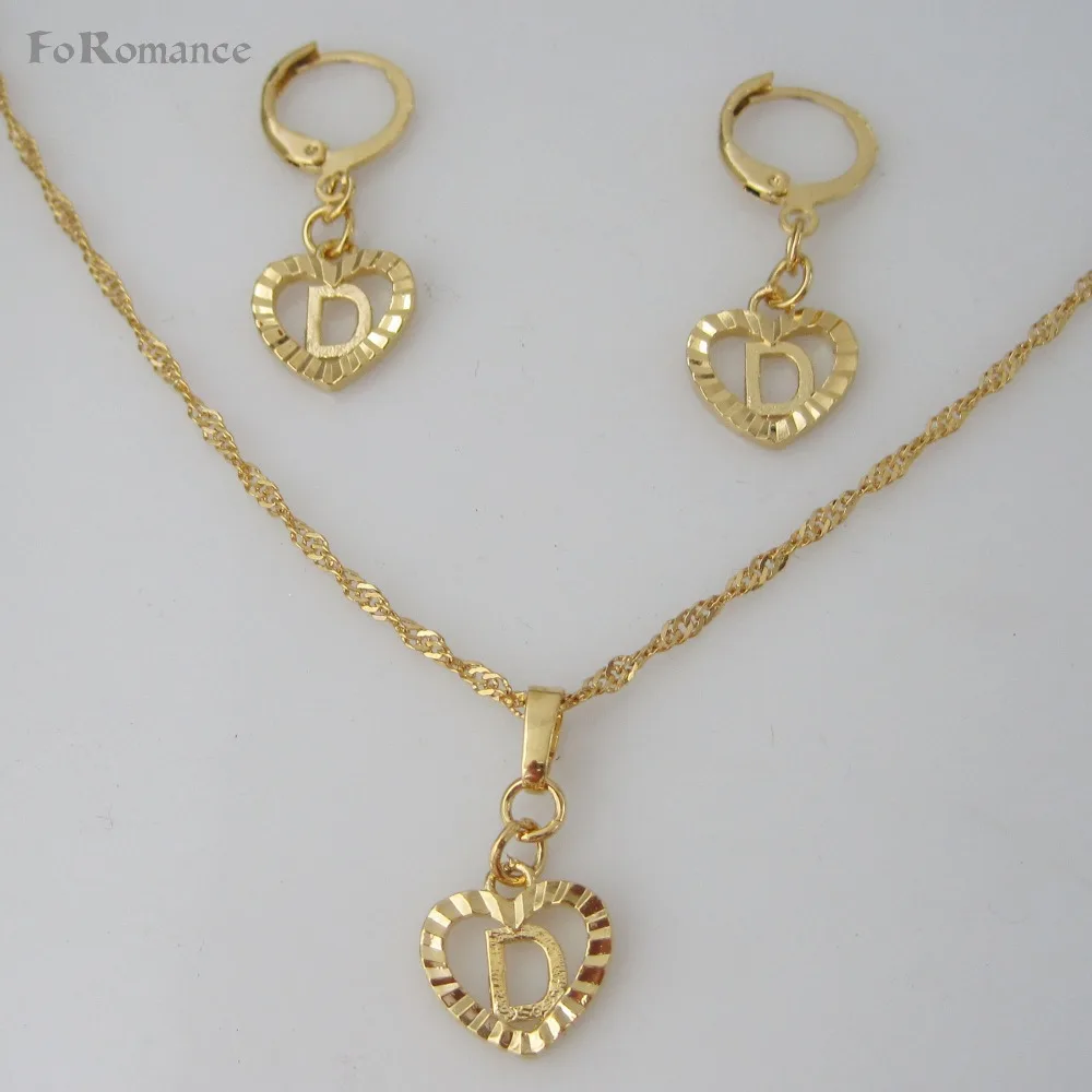 FoRomance- HIGH QUALITY GOLD GP OVERLAY 26 LETTERS FROM A TO Z HEART LINE CARVED PENDANT 18″ WATER WAVE NECKLACE EARRING SET