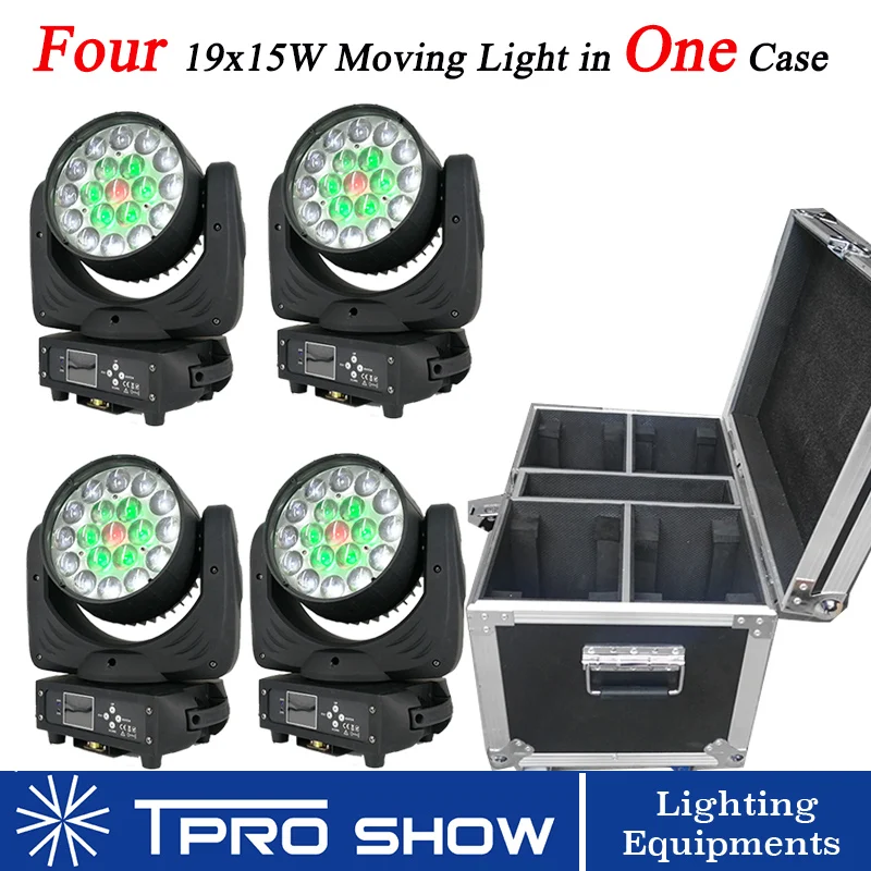 

4pcs Moving Head LED 19x15W Lyre Head DJ Lighting RGBW Wash 5 -60 Degrees Zoom Stage Lights Dmx Control with 4 In 1 Flight Case