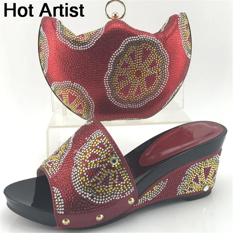 

Hot Artist African Style Slipper Shoes And Matching Bag Set Fashion Rhinestone Ladies Pumps Shoes And Bag Set For Party ME7708