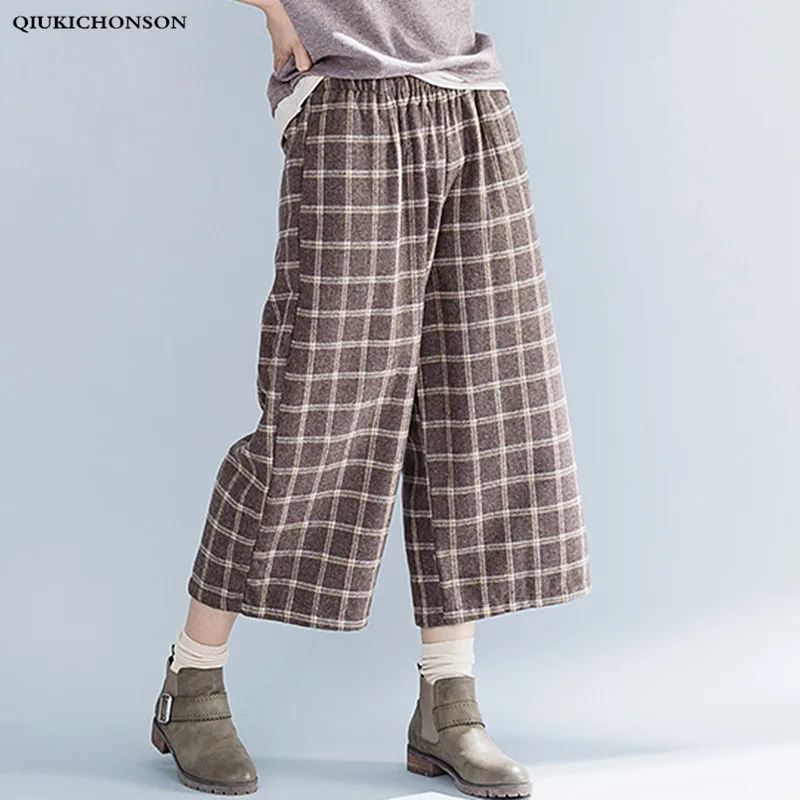 Thick Spring Winter Woolen Pants Women Elastic High Waisted Casual Loose Wide Leg Plaid Pants Plus Size Capri Ladies Trousers