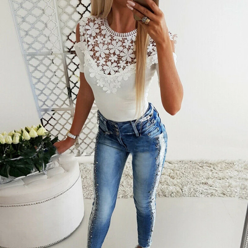 Women Summer Casual Slim T-Shirt Sexy Cold Shoulder Lace Tops Women's Clothes Elegant Ladies Fashion Tunic Shirt Black White