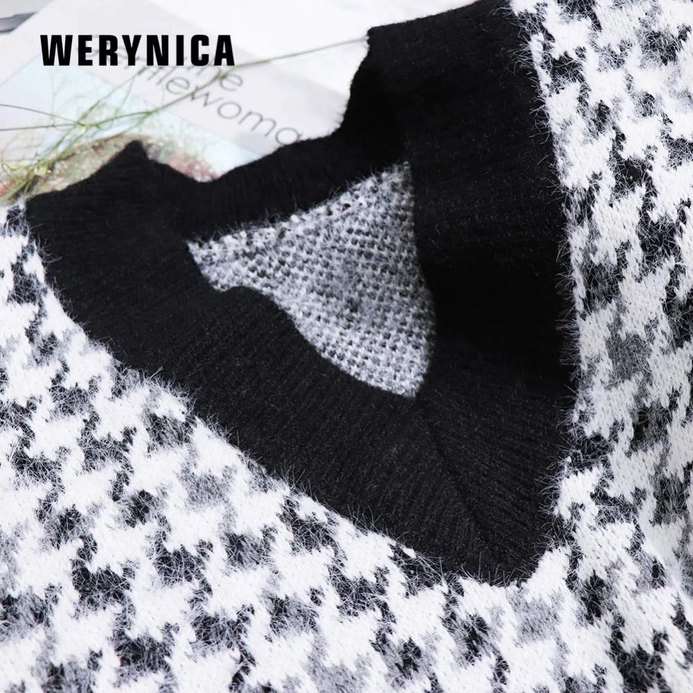 Werynica новые модные зимние свитера женские винтажные свободные клетчатые пуловеры с v-образным вырезом теплый кашемировый свитер женские повседневные джемперы