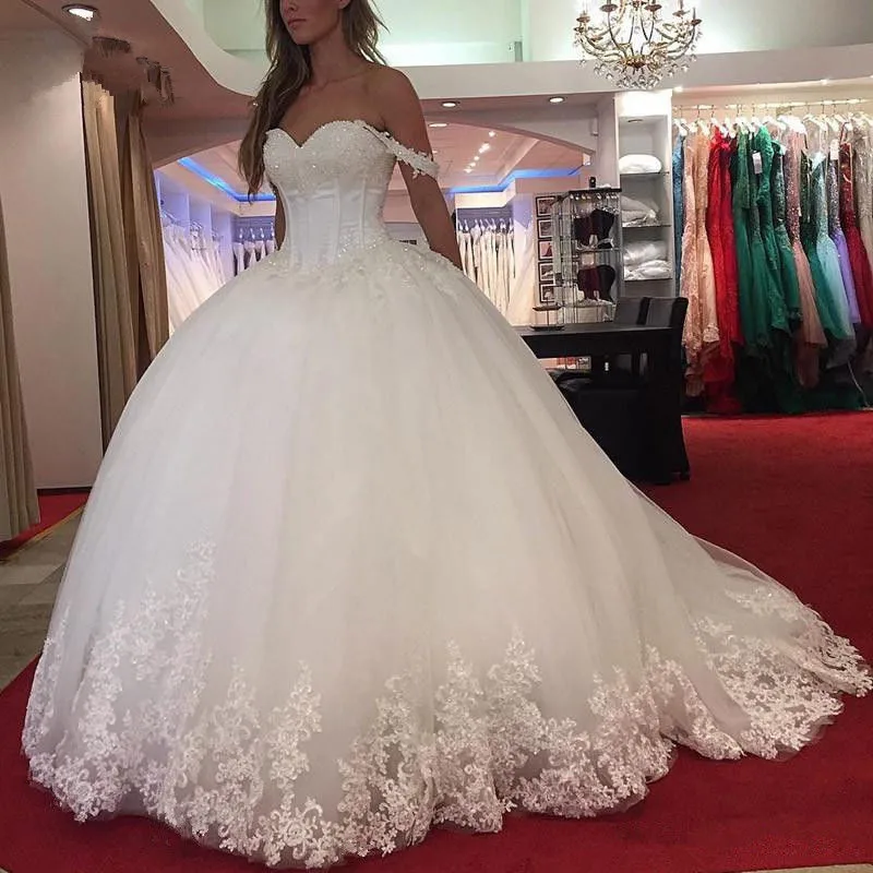 

Thinyfull Vestido De Noiva 2019 Lace Wedding Dress Long Ball Gown Sweetheart Appliques Saudi Arabic Wedding Gown Bridal Dresses