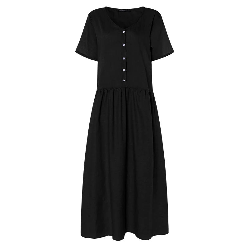 Летнее женское Повседневное платье на пуговицах с коротким рукавом, одноцветное длинное платье макси, свободные пляжные платья размера плюс S-5XL - Цвет: Black
