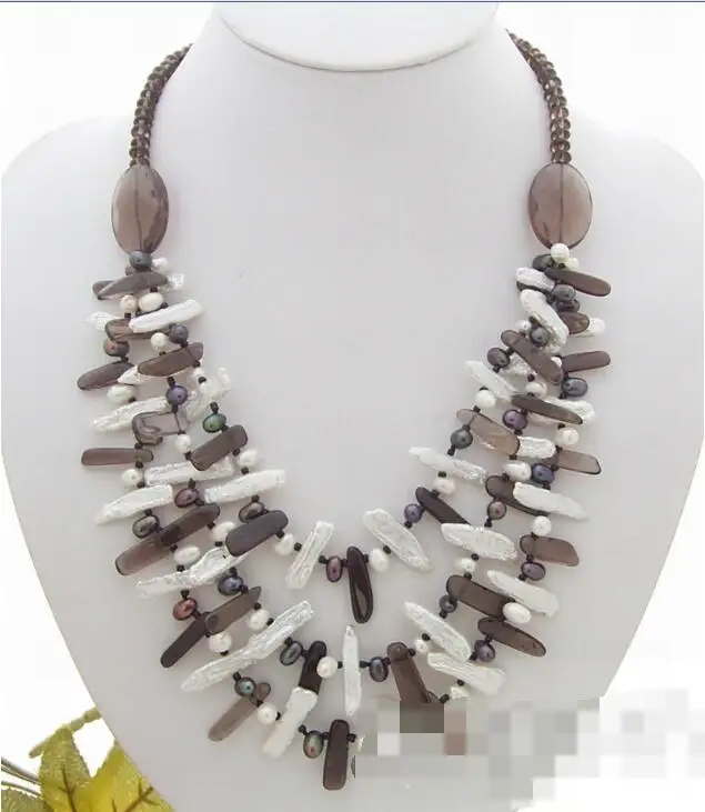

Beautiful Smoky Quartz&White Biwa Pearl Necklace AAA