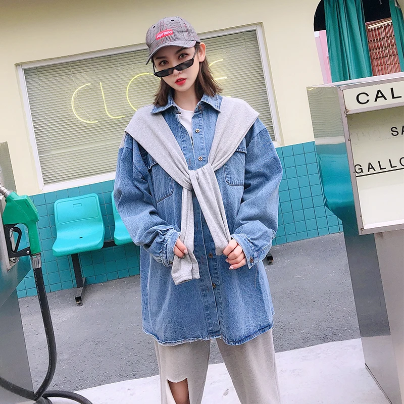 Faux Printemps Nouveauté Pièces 2019 Manteau Denim Conception Femmes Mode Blue Jean Imprimé Veste Tendance Deux Lâche Surdimensionné dnUSWwqH0d