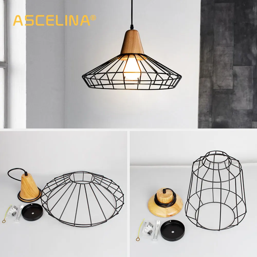  Wood Pendant light Retro Loft Hanging lamp iron cage lampshade pendant bar coffee dining room ASCEL - 32689362041