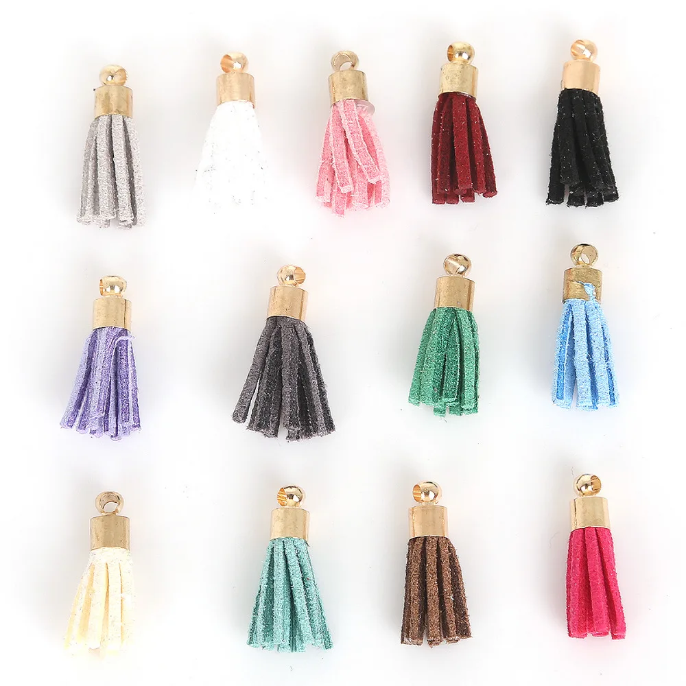 

10pcs Mini Suede Tassel&Gold Caps 20mm Charms DIY Leather Tassels Pendant For Key Rings/Earring/Cellphone/Crafts Decoration