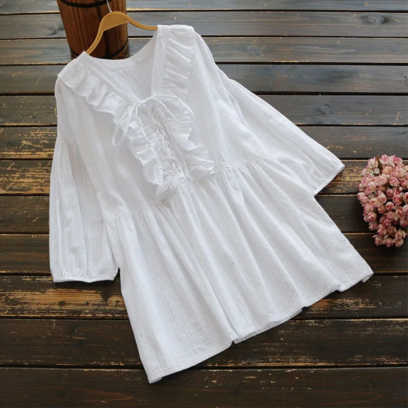 

Spring Casual Sweet Shirt Women Solid Color V-neck Loose Ruffles Long Sleeve Female Cotton And Linen Blouses Tops U689