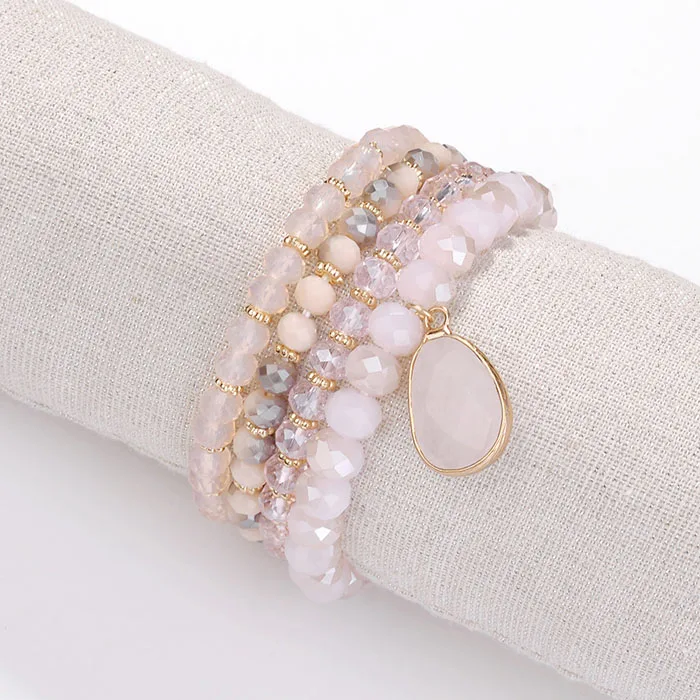 HUIDANG, женский модный браслет с натуральным камнем, браслет с кристаллами из бисера, набор сложенных браслетов - Окраска металла: Pink