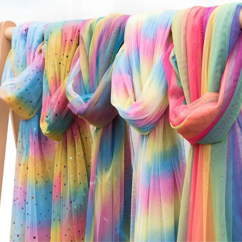 

2m Rainbow mesh yarn star sequins fabric gradient mesh gauze pettiskirt skirt mesh red background decoration handmade diy