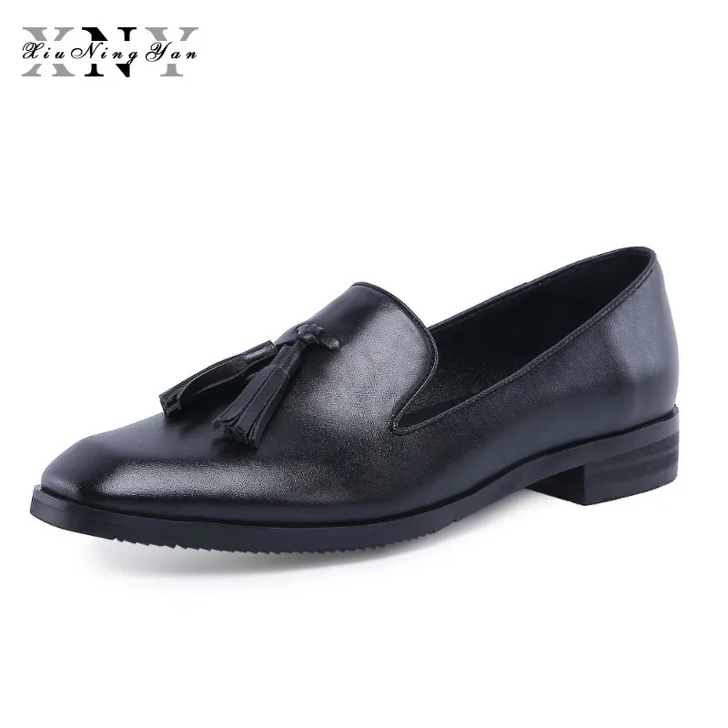 

XiuNingYan Brand Women Flats Shoes Woman Casual Loafers Full Grain Leather Oxford Genuine Leather Slip-on Women's Shoes Size 43