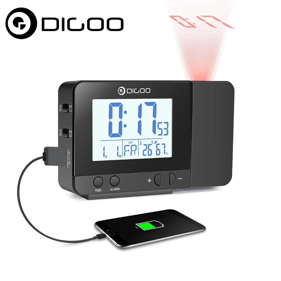 

Digoo DG-C10 LCD Wireless USB Rechargeable Backlight Projection Temperature Humidity Display Desk-clock for Phone Pad Speaker