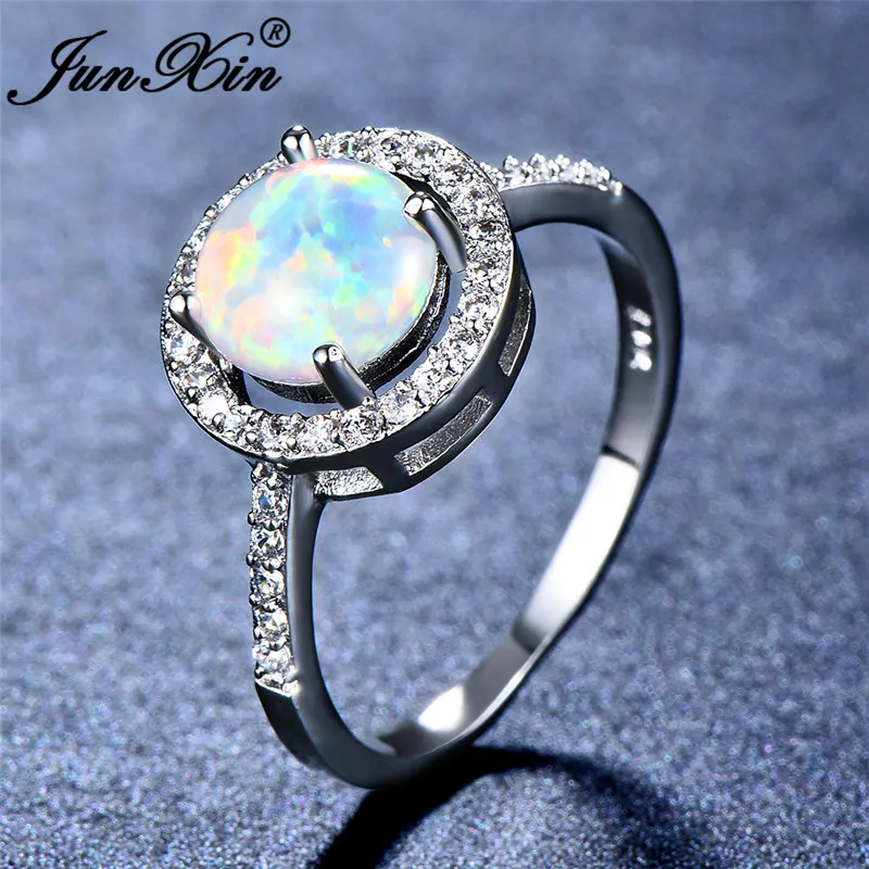 

JUNXIN Round Cut White/Blue Fire Opal Birthstone Rings For Women Zircon Female Rainbow Wedding Bands 925 Sterling Silver Jewelry