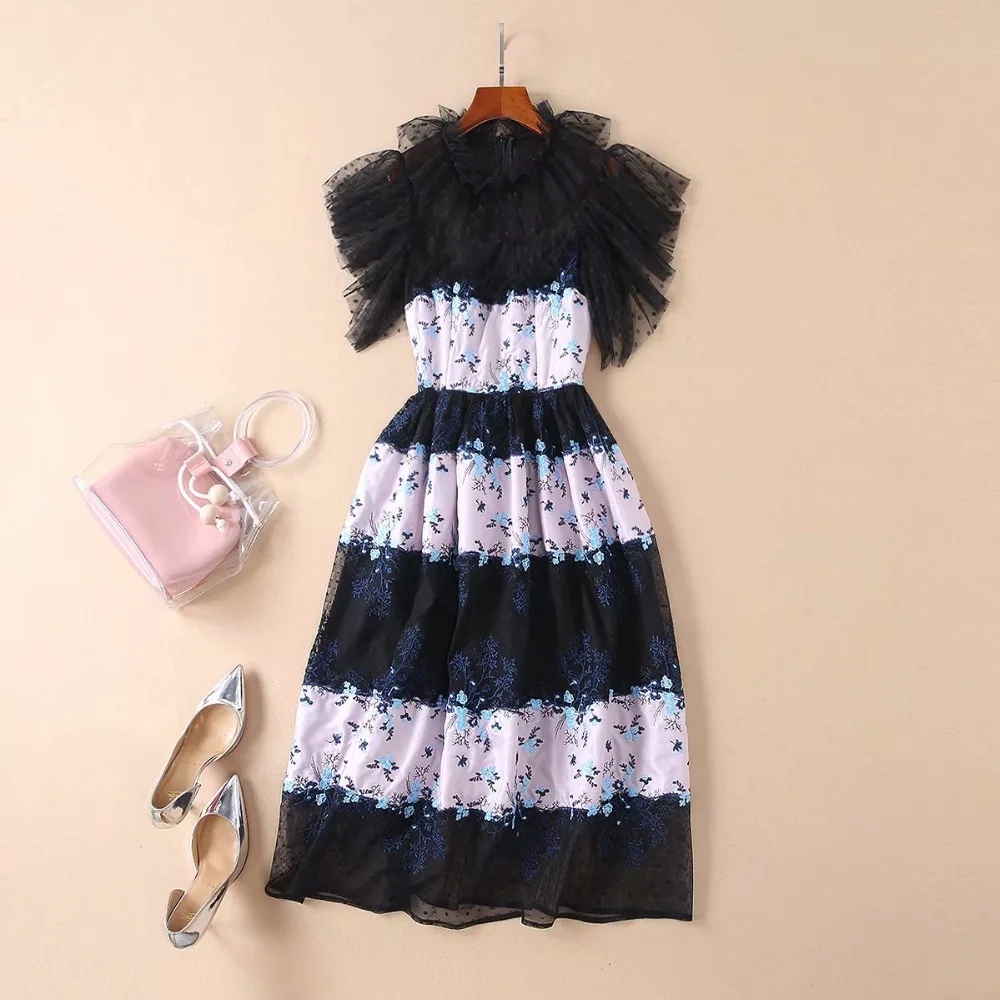 

Women Runway Dress 2019 High Quality Summer Butterfly Sleeve Color Block Patchwork Mesh Embroidery Elegant Ladies Dresses NP0109